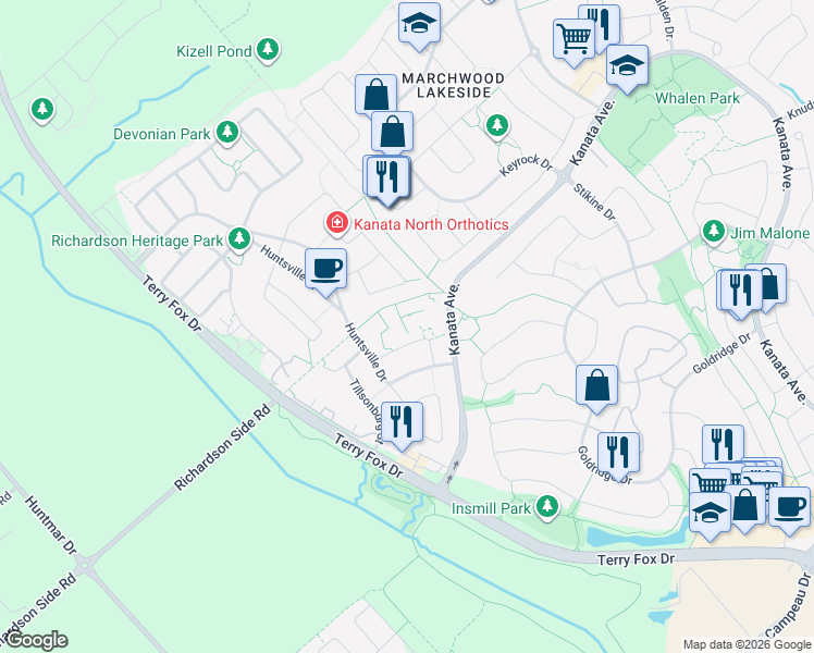map of restaurants, bars, coffee shops, grocery stores, and more near 19 Private Earlton in Ottawa