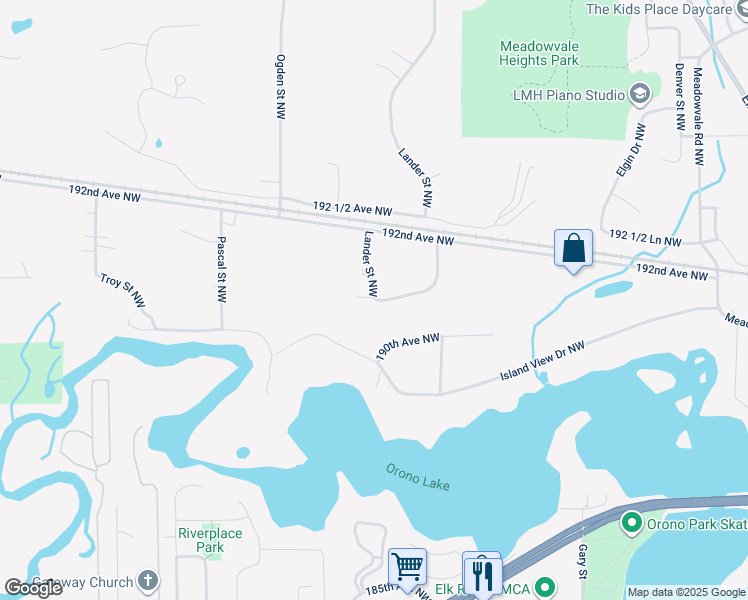 map of restaurants, bars, coffee shops, grocery stores, and more near 13555 191st Avenue Northwest in Elk River