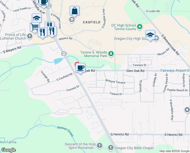 map of restaurants, bars, coffee shops, grocery stores, and more near 14240 Murren Way in Oregon City