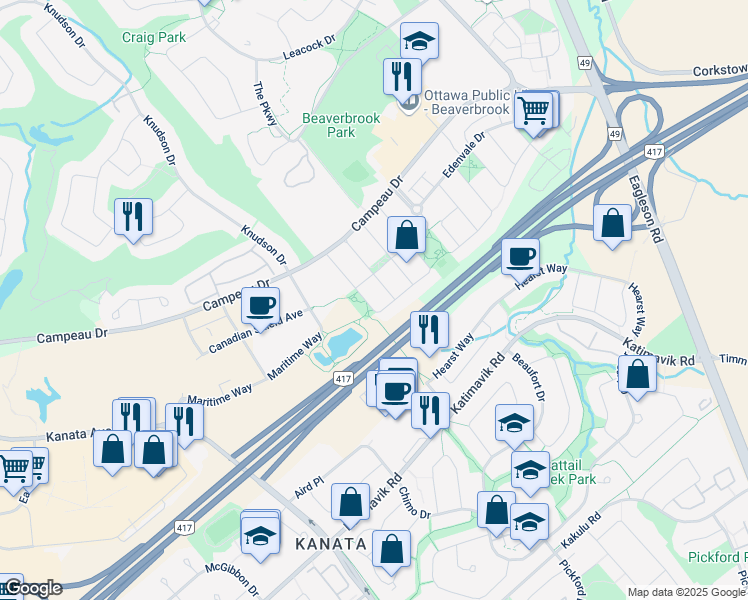 map of restaurants, bars, coffee shops, grocery stores, and more near 172 Gray Crescent in Ottawa