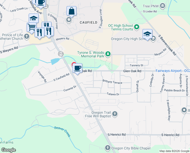 map of restaurants, bars, coffee shops, grocery stores, and more near 14240 Murren Way in Oregon City