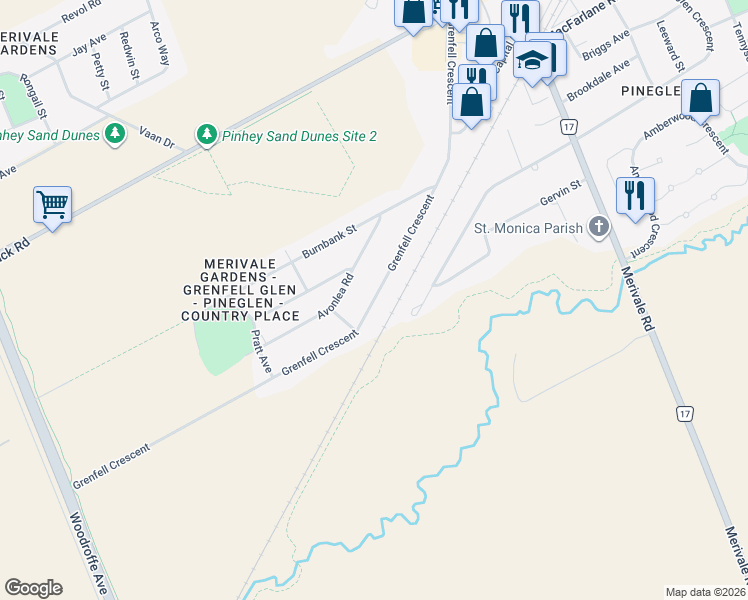 map of restaurants, bars, coffee shops, grocery stores, and more near Grenfell Crescent in Ottawa
