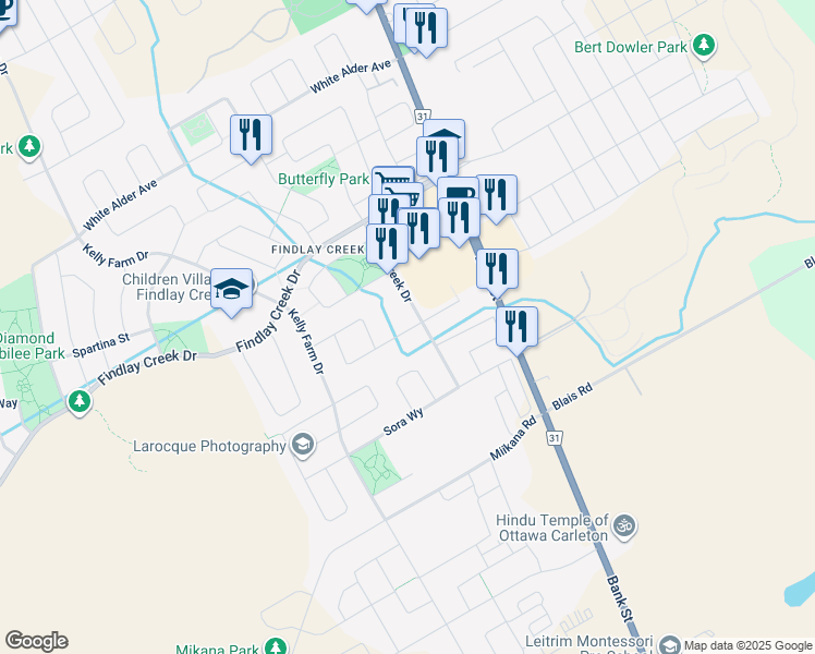 map of restaurants, bars, coffee shops, grocery stores, and more near 313 Wood Acres Grove in Ottawa