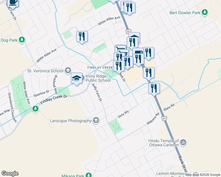 map of restaurants, bars, coffee shops, grocery stores, and more near 338 Alasken Drive in Ottawa