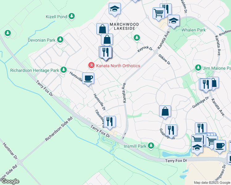 map of restaurants, bars, coffee shops, grocery stores, and more near 55 Earlton Private in Ottawa