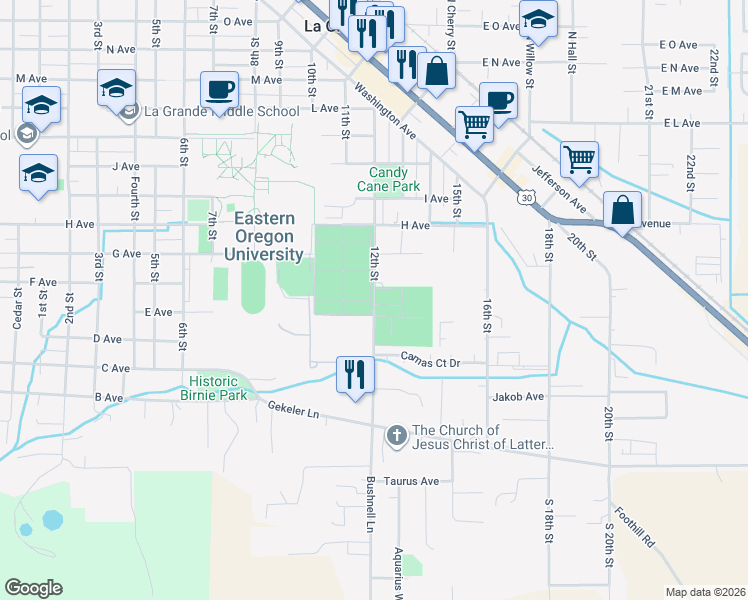 map of restaurants, bars, coffee shops, grocery stores, and more near 651 12th Street in La Grande