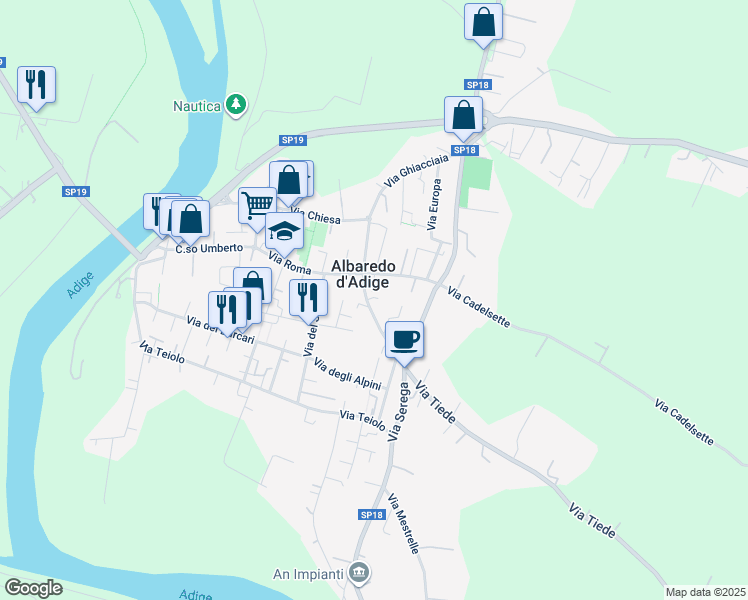 map of restaurants, bars, coffee shops, grocery stores, and more near 13 Via Ponte Asse in Albaredo D'adige