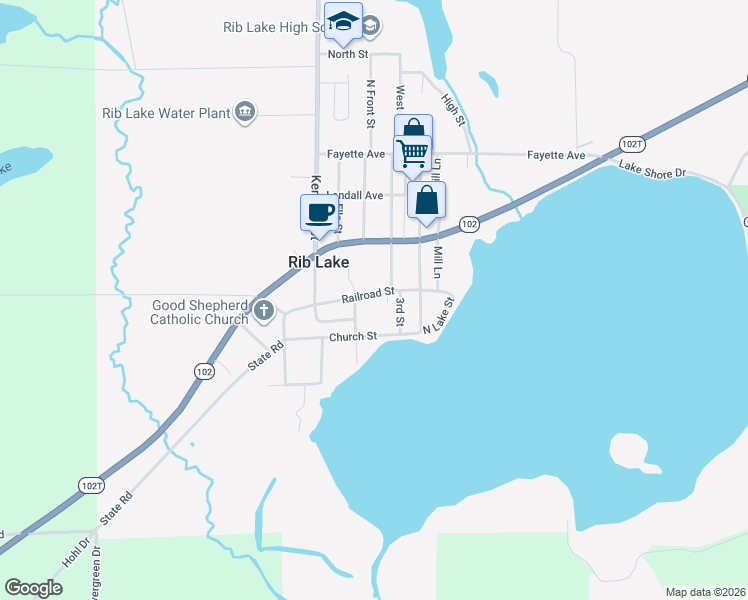 map of restaurants, bars, coffee shops, grocery stores, and more near 1101 Railroad Street in Rib Lake