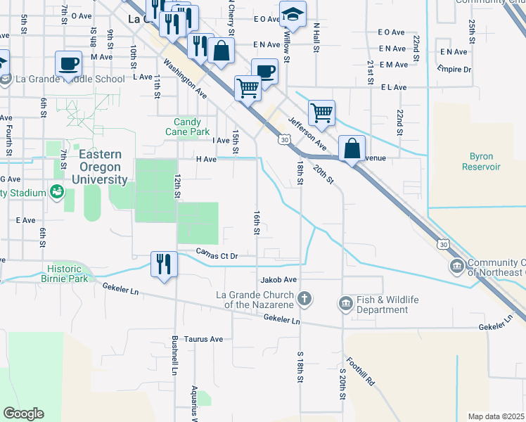 map of restaurants, bars, coffee shops, grocery stores, and more near 507 16th St in La Grande
