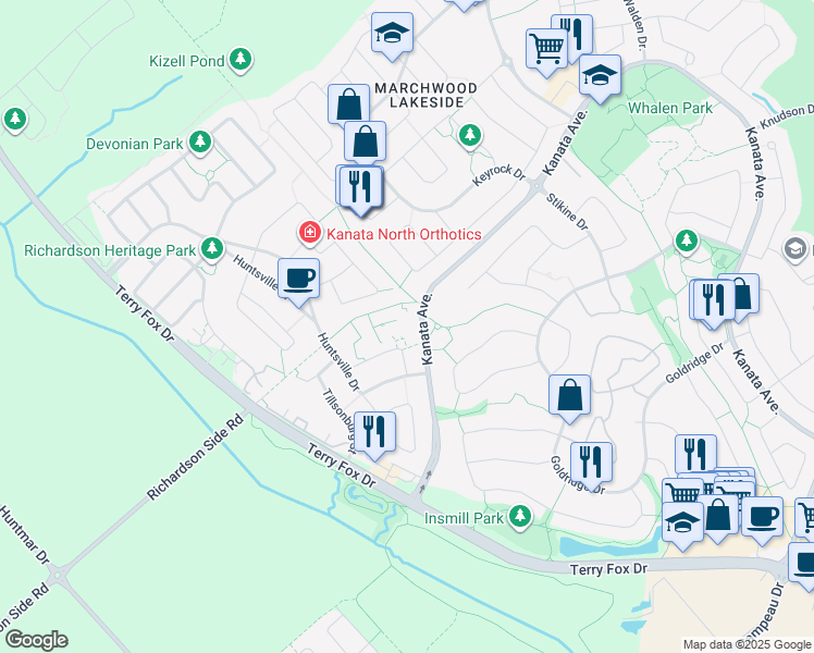 map of restaurants, bars, coffee shops, grocery stores, and more near 40 Kirkland Private in Ottawa