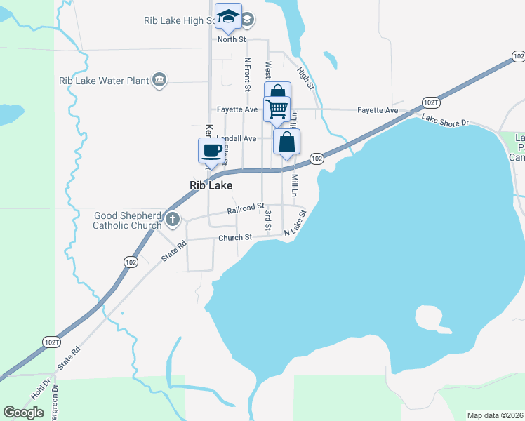 map of restaurants, bars, coffee shops, grocery stores, and more near 1101 Railroad Street in Rib Lake