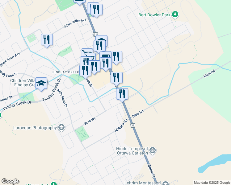 map of restaurants, bars, coffee shops, grocery stores, and more near 138 Eric Maloney Way in Ottawa