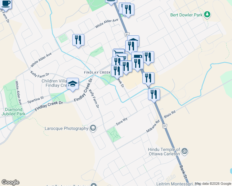 map of restaurants, bars, coffee shops, grocery stores, and more near 765 Cedar Creek Drive in Ottawa