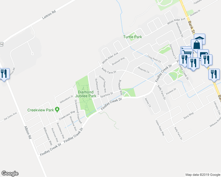 map of restaurants, bars, coffee shops, grocery stores, and more near 325 Creston Valley Way in Ottawa
