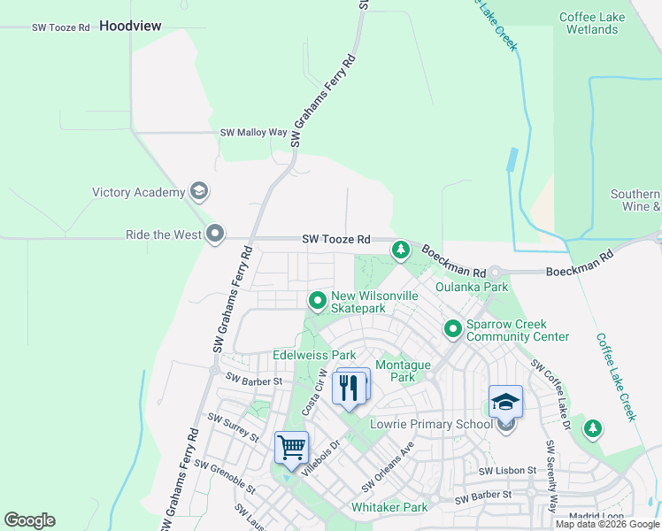 map of restaurants, bars, coffee shops, grocery stores, and more near 28260 Southwest Paris Avenue in Wilsonville