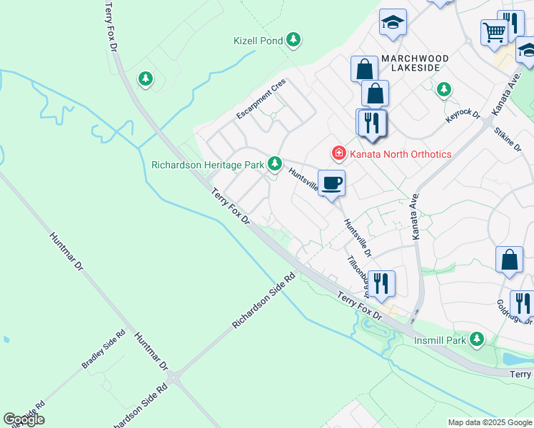 map of restaurants, bars, coffee shops, grocery stores, and more near 125 Boundstone Way in Ottawa