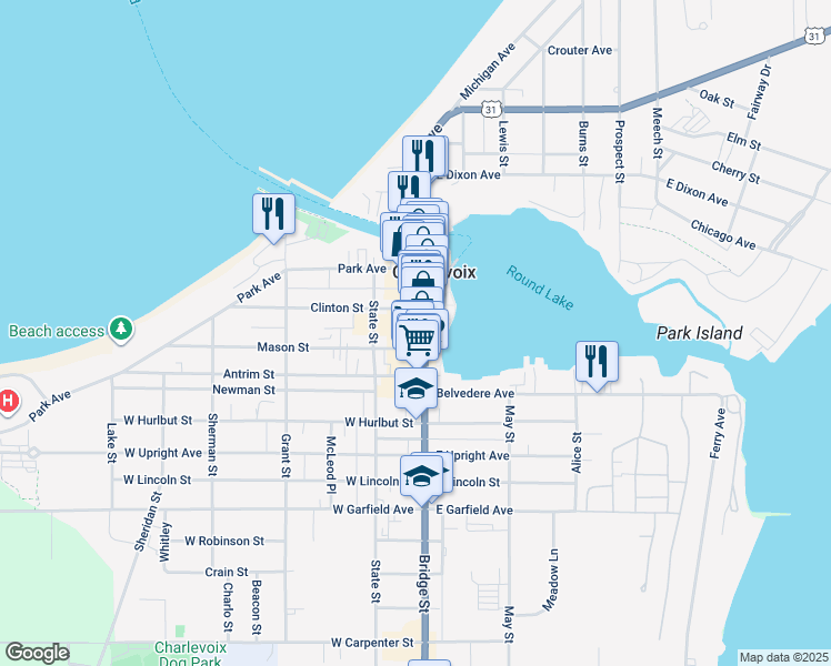 map of restaurants, bars, coffee shops, grocery stores, and more near 405 Bridge Street in Charlevoix