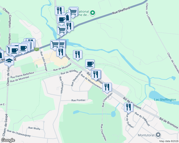 map of restaurants, bars, coffee shops, grocery stores, and more near 94 Boulevard de Bromont in Bromont