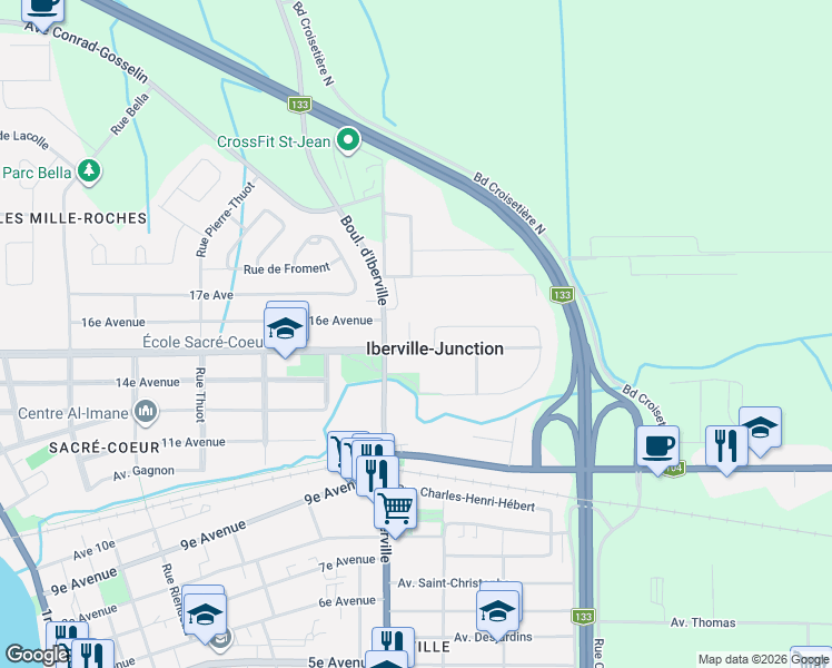 map of restaurants, bars, coffee shops, grocery stores, and more near 8 Rue Damase-Carreau in Saint-Jean-sur-Richelieu