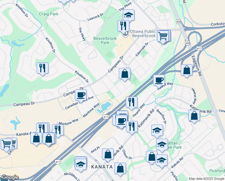 map of restaurants, bars, coffee shops, grocery stores, and more near 172 Gray Crescent in Ottawa