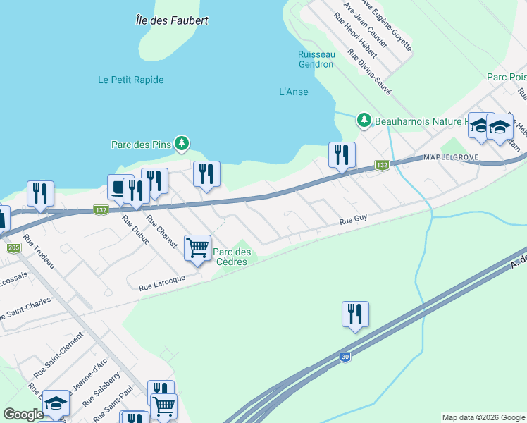 map of restaurants, bars, coffee shops, grocery stores, and more near 419 Rue des Chênes in Beauharnois