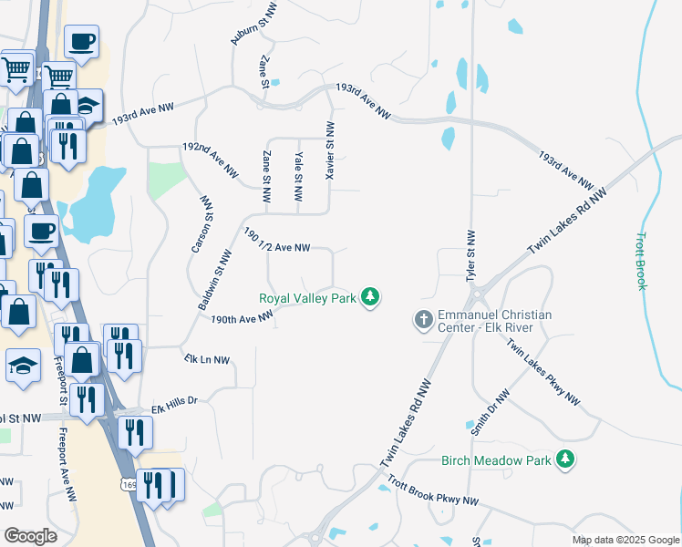 map of restaurants, bars, coffee shops, grocery stores, and more near 19031 Xavier Street Northwest in Elk River