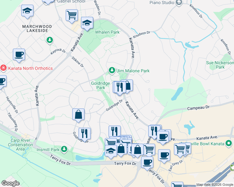 map of restaurants, bars, coffee shops, grocery stores, and more near 32 Windcrest Court in Ottawa