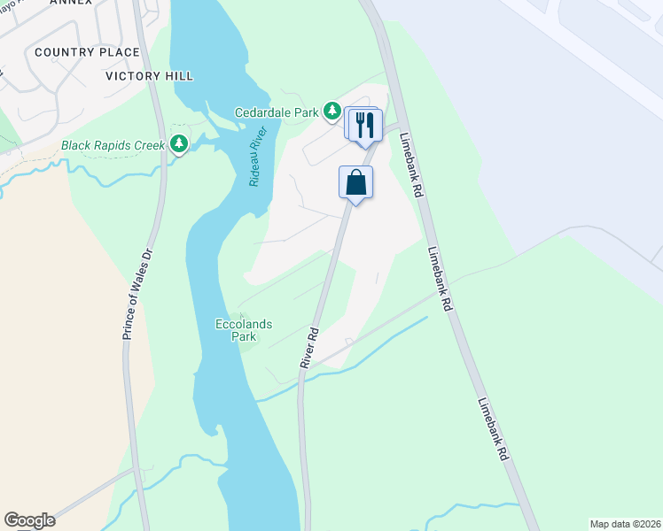map of restaurants, bars, coffee shops, grocery stores, and more near 328 River Road in Ottawa
