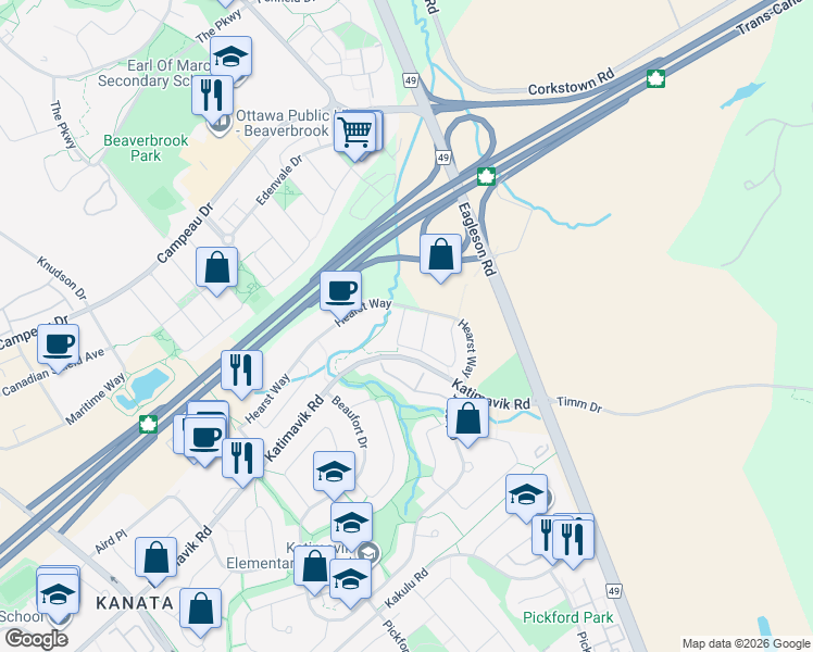 map of restaurants, bars, coffee shops, grocery stores, and more near 13 Cohen Avenue in Ottawa