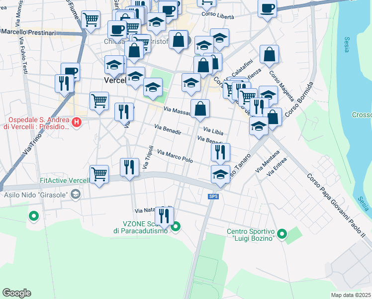 map of restaurants, bars, coffee shops, grocery stores, and more near 78 Viale Rimembranza in Vercelli