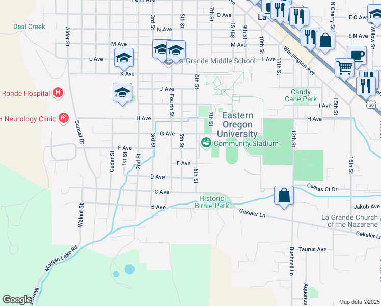 map of restaurants, bars, coffee shops, grocery stores, and more near 1106 F Avenue in La Grande