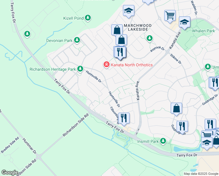map of restaurants, bars, coffee shops, grocery stores, and more near 273 Huntsville Drive in Ottawa