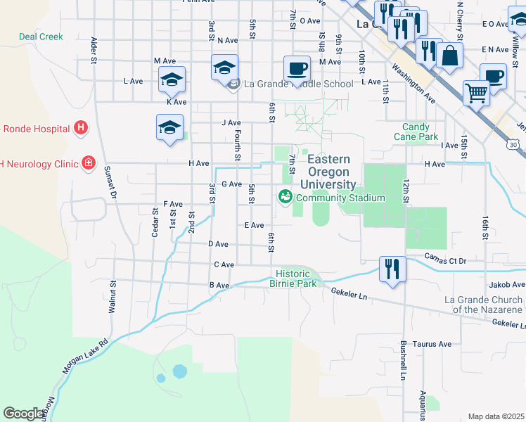 map of restaurants, bars, coffee shops, grocery stores, and more near 1106 F Avenue in La Grande