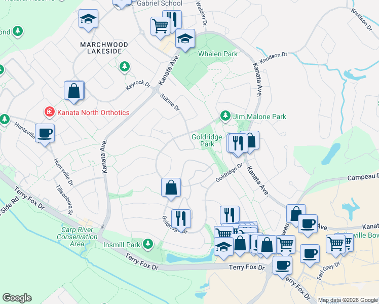 map of restaurants, bars, coffee shops, grocery stores, and more near 138 Gatespark Private in Ottawa
