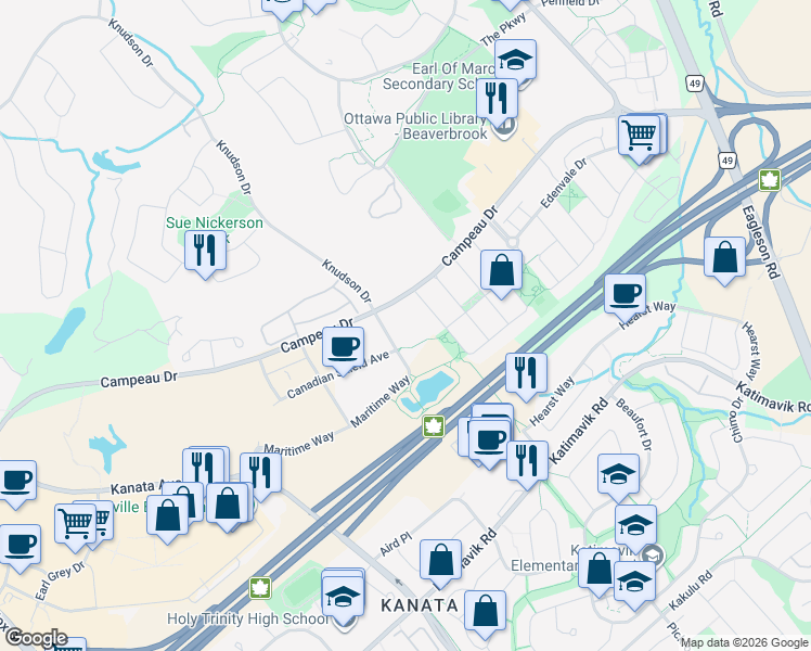 map of restaurants, bars, coffee shops, grocery stores, and more near 185 Gray Crescent in Ottawa