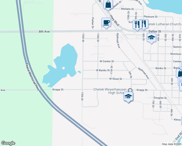 map of restaurants, bars, coffee shops, grocery stores, and more near 1305 W Banks St in Chetek