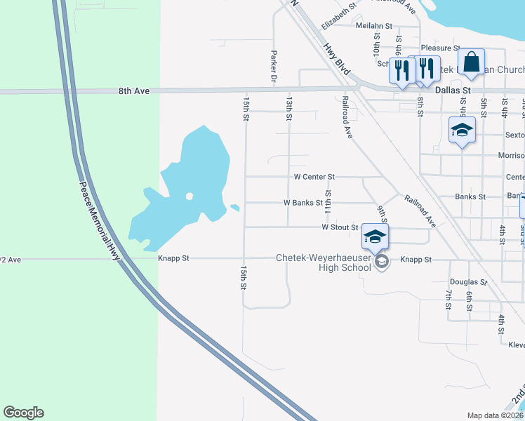 map of restaurants, bars, coffee shops, grocery stores, and more near 1305 West Banks Street in Chetek