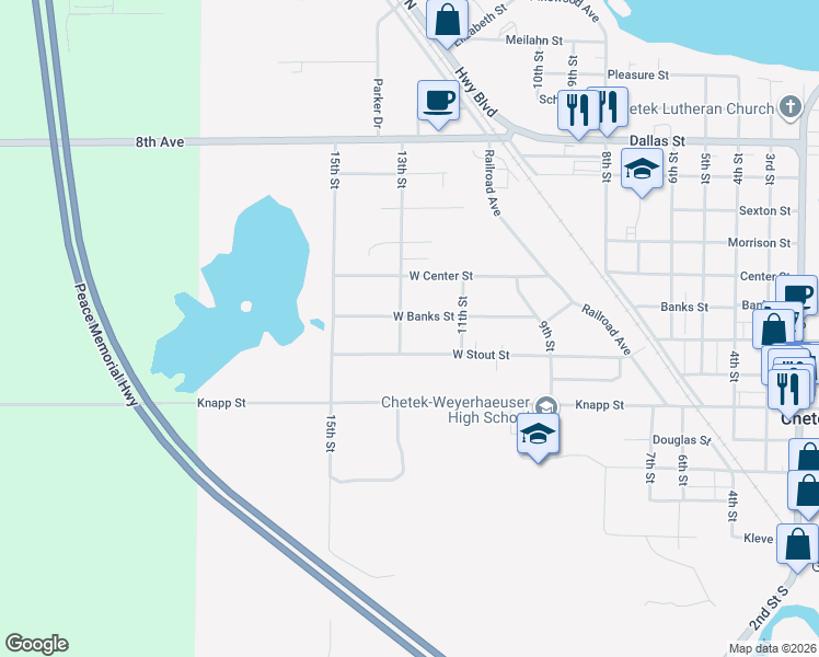 map of restaurants, bars, coffee shops, grocery stores, and more near 820 13th Street in Chetek