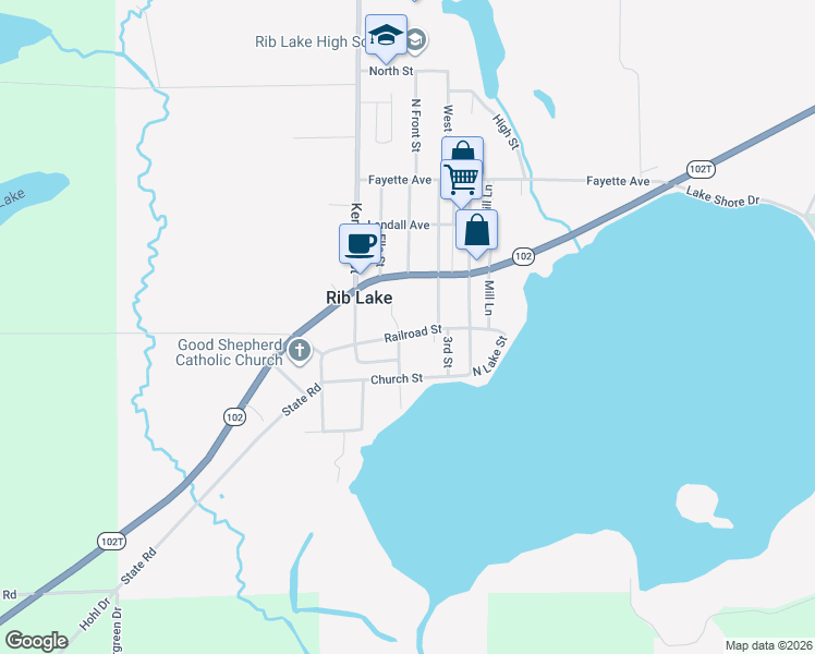 map of restaurants, bars, coffee shops, grocery stores, and more near 610 Maple Court in Rib Lake