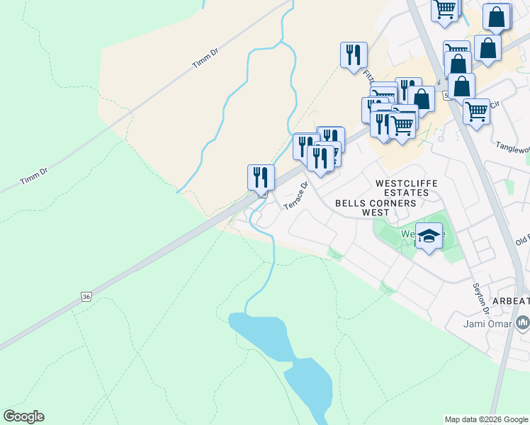map of restaurants, bars, coffee shops, grocery stores, and more near 4 Waterfall Lane in Ottawa