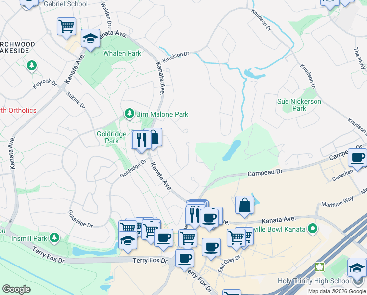 map of restaurants, bars, coffee shops, grocery stores, and more near 99 Robson Court in Ottawa