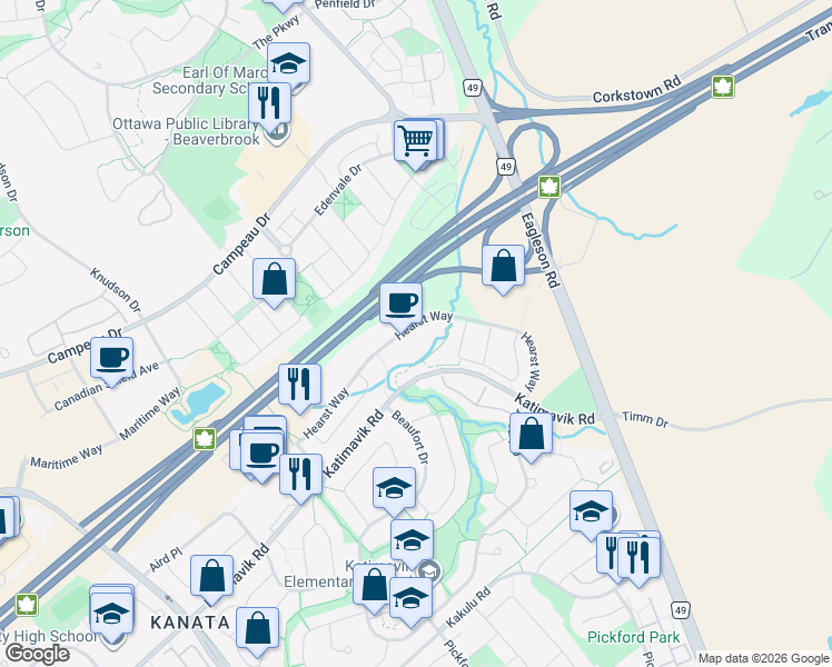 map of restaurants, bars, coffee shops, grocery stores, and more near 129 Hearst Way in Ottawa