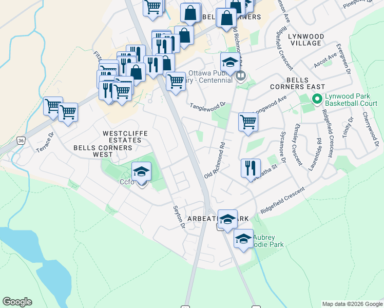 map of restaurants, bars, coffee shops, grocery stores, and more near Moodie Drive in Ottawa