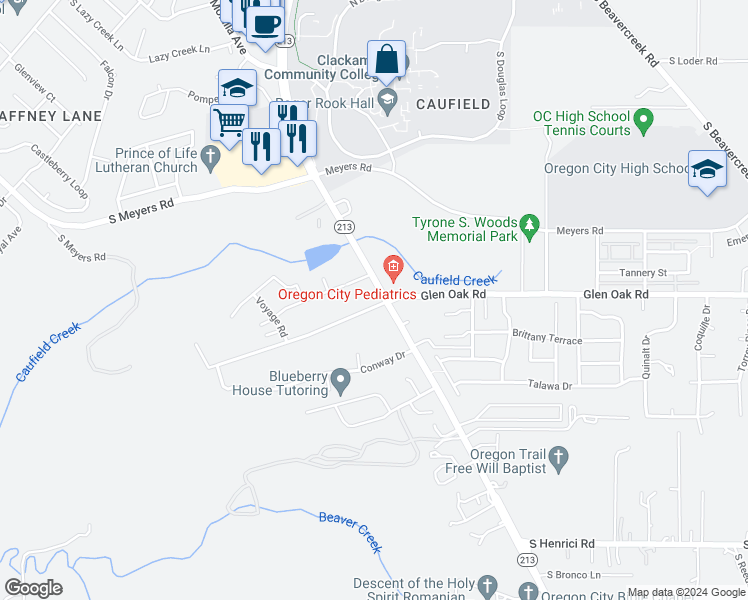 map of restaurants, bars, coffee shops, grocery stores, and more near 14269 South Caufield Road in Oregon City