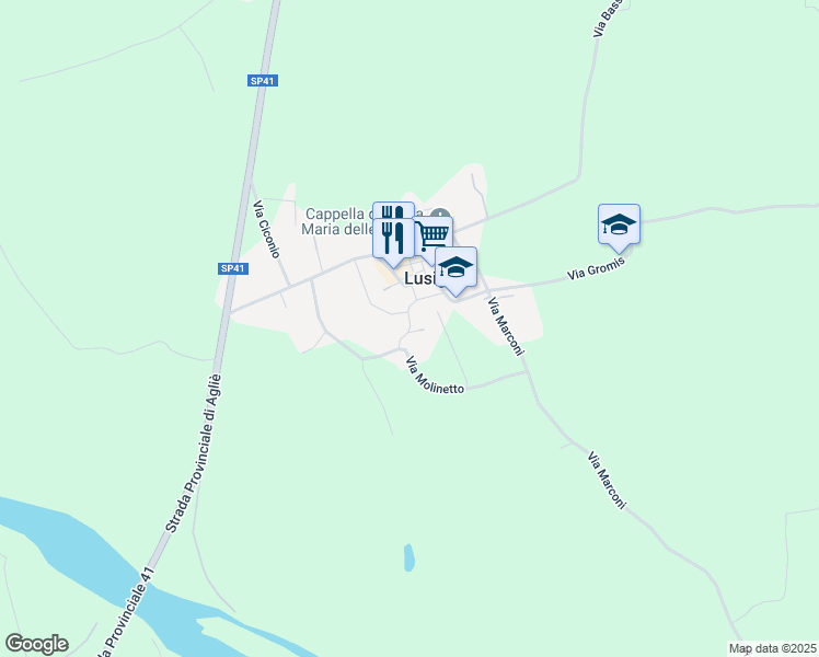 map of restaurants, bars, coffee shops, grocery stores, and more near 14 Via Roma in Lusigliè