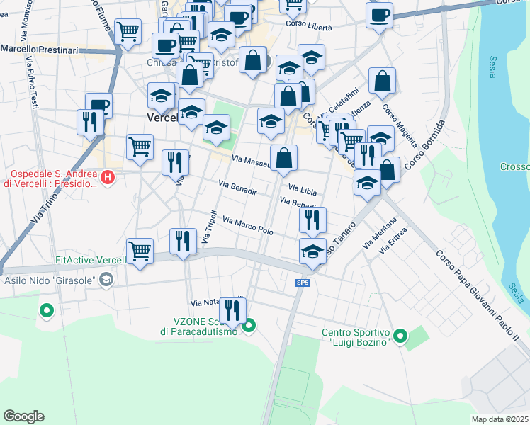 map of restaurants, bars, coffee shops, grocery stores, and more near 78 Viale Rimembranza in Vercelli