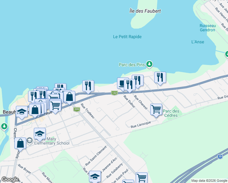 map of restaurants, bars, coffee shops, grocery stores, and more near 326 Boulevard de Maple Grove in Beauharnois