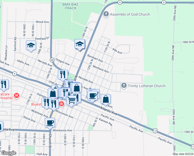 map of restaurants, bars, coffee shops, grocery stores, and more near 509 10th Street North in Benson