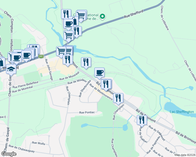 map of restaurants, bars, coffee shops, grocery stores, and more near 94 Boulevard de Bromont in Bromont