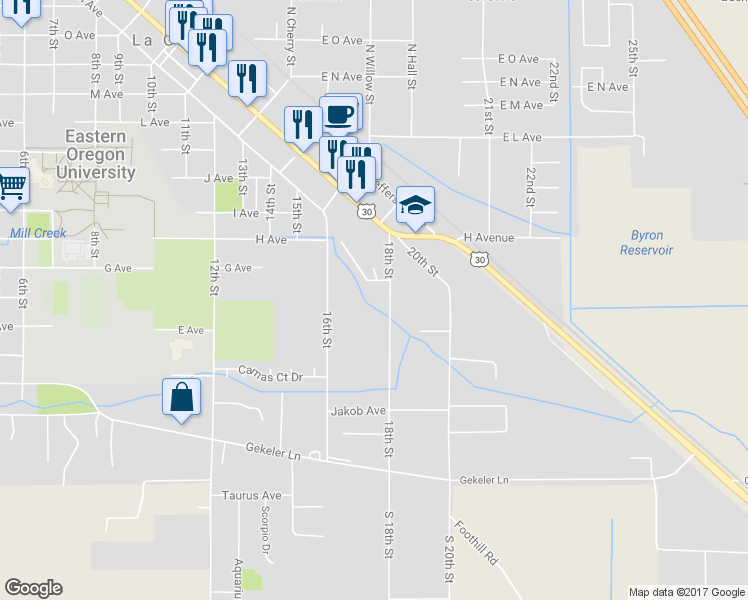 map of restaurants, bars, coffee shops, grocery stores, and more near 604 18th Street in La Grande